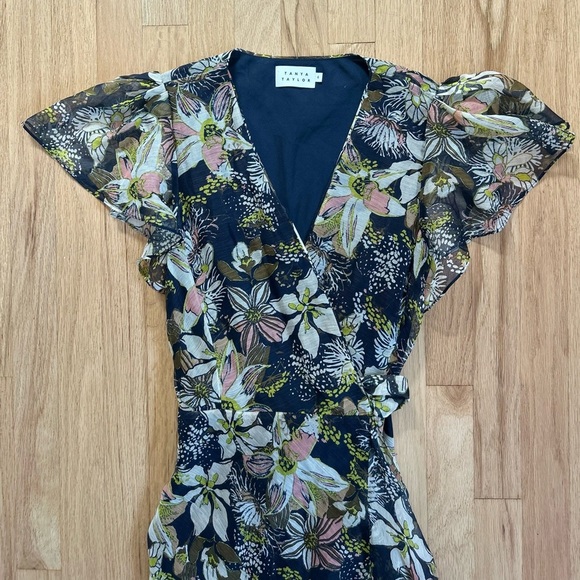 TANYA TAYLOR blaire midi dress linen-silk floral ruffle flutter faux wrap size 6 - Picture 5 of 16